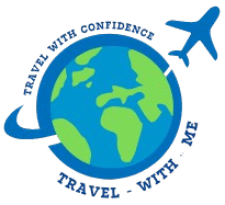 Logo for "Travel with Confidence/Travel with us" featuring a stylized globe with a circling arrow and an airplane. adventure, best places to visit. Americas, Africa, Asia, Europe.