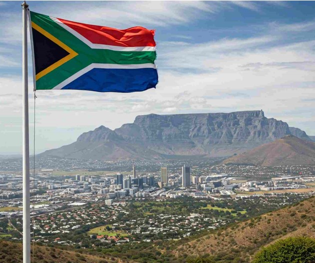 A wide-angle photo showing the diverse landscape of South Africa, with the South African flag waving in the foreground. The flag's vibrant colors contrast beautifully with the scenic backdrop.