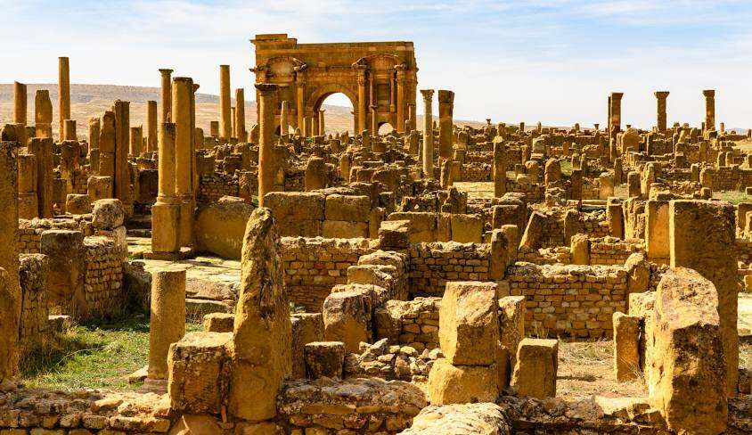 Extensive ruins of the ancient Roman city of Timgad in Algeria.