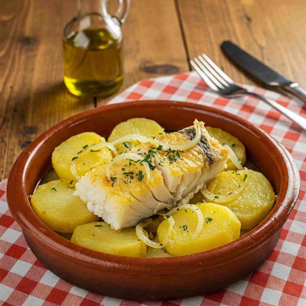 Close-up of Bacalhau, Porto, a Portuguese cod dish with potatoes and onions.