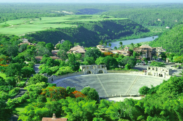 Aerial view of Altos de Chavón amphitheater and village, Dominican Republic.