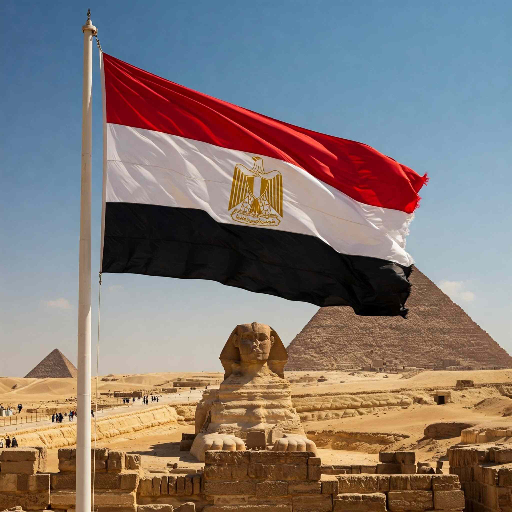 Egyptian flag with the Great Sphinx and Pyramids of Giza in the background.