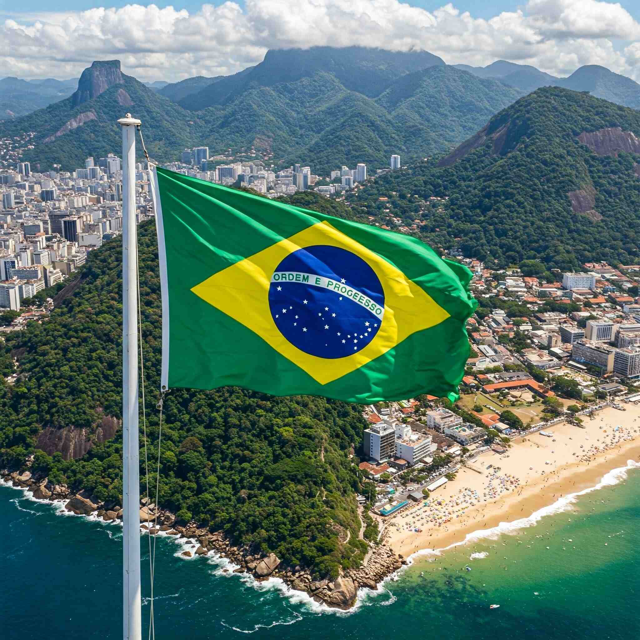 A photo of a large Brazilian flag waving in the wind in front of a scenic landscape.