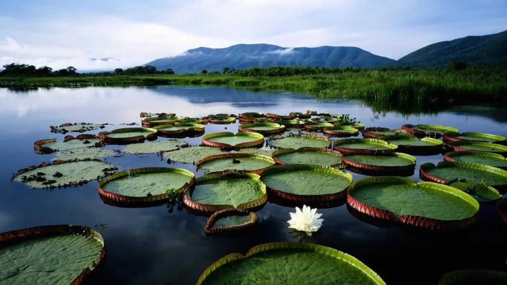 Giant water lilies (Victoria amazonica) floating on a calm lake in the Pantanal, with mountains in the distance