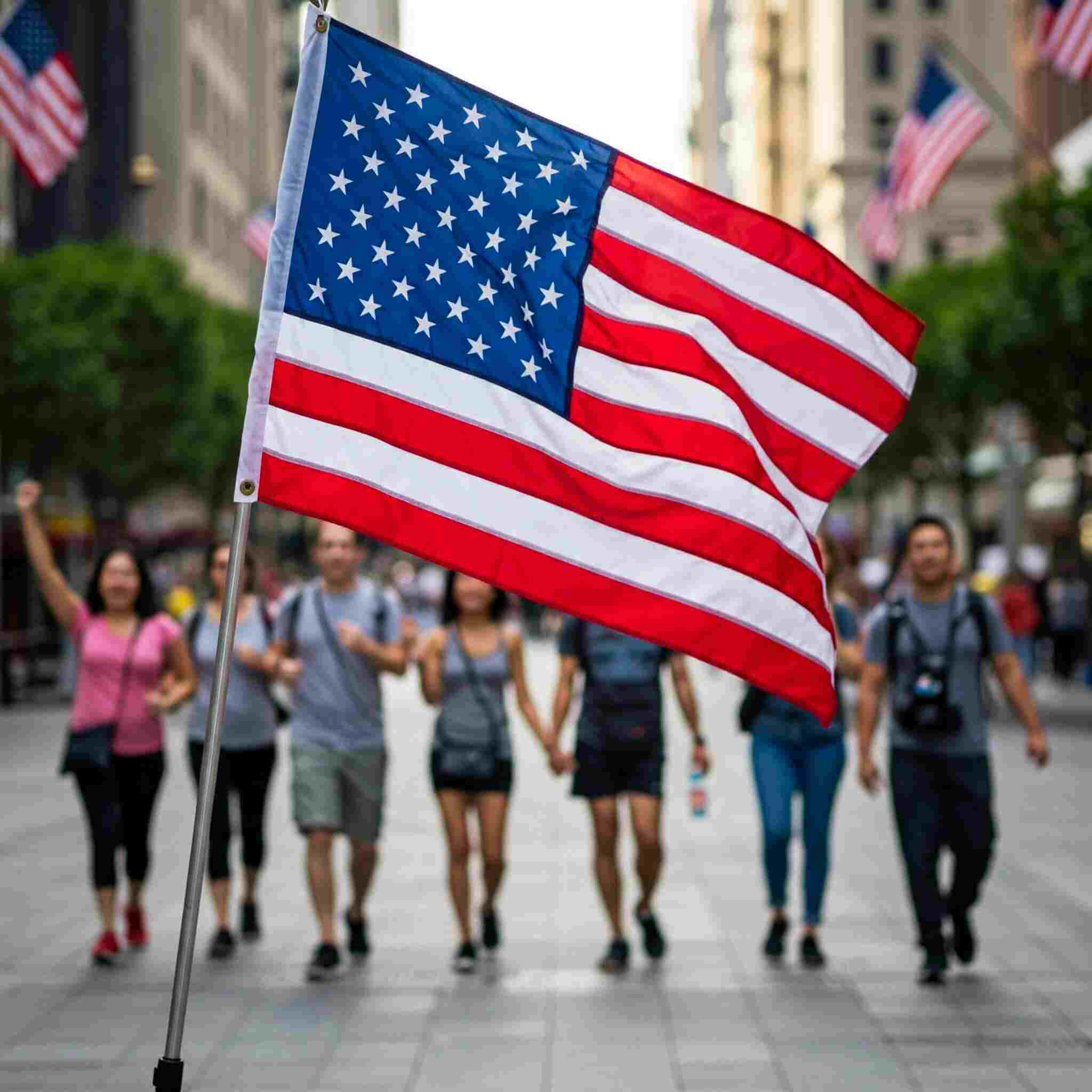 A large American flag waves in the foreground with a blurred group of people walking in the background.