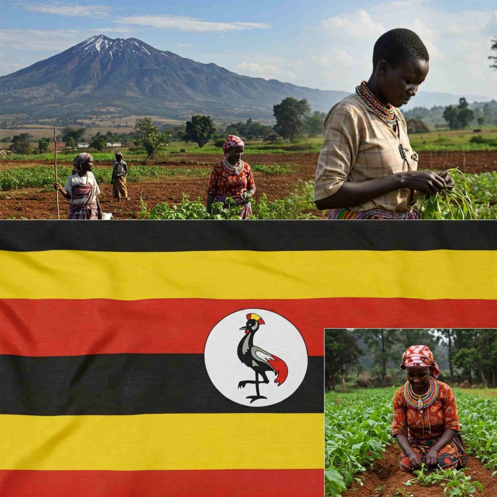 A photomontage representing Uganda. The central focus is the Ugandan flag, featuring six horizontal bands of black, yellow, red, black, yellow, and red, with a central white roundel containing a grey crowned crane. Surrounding the flag are glimpses of Ugandan life and landscapes: a majestic snow-capped mountain under a blue sky, and several individuals working in lush green fields.