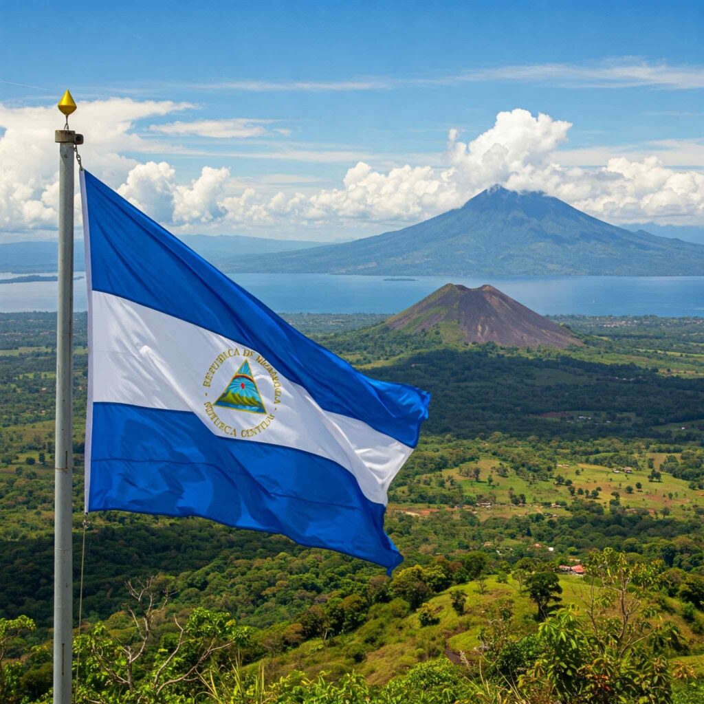 A panoramic view of Nicaragua with its flag, lush green vegetation, volcanic peaks, and Lake Nicaragua.