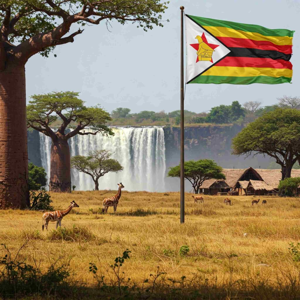 A vivid image of Zimbabwe's iconic landscape, potentially including its flag. Towering baobab trees dot the vast savanna, with grazing animals adding a touch of life to the landscape.