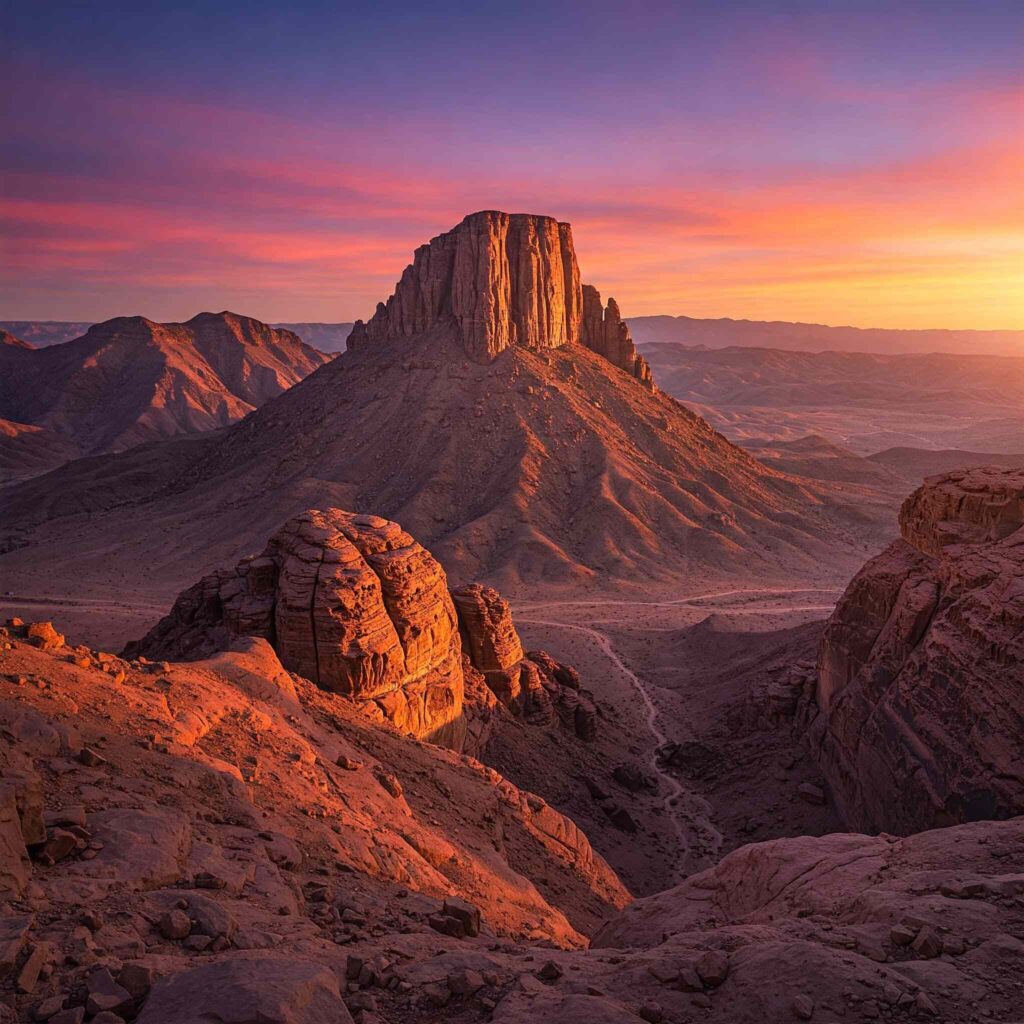 A stunning photograph of Assekrem peak in Tamanrasset at sunset, with vibrant hues of orange, pink, and purple painting the sky.