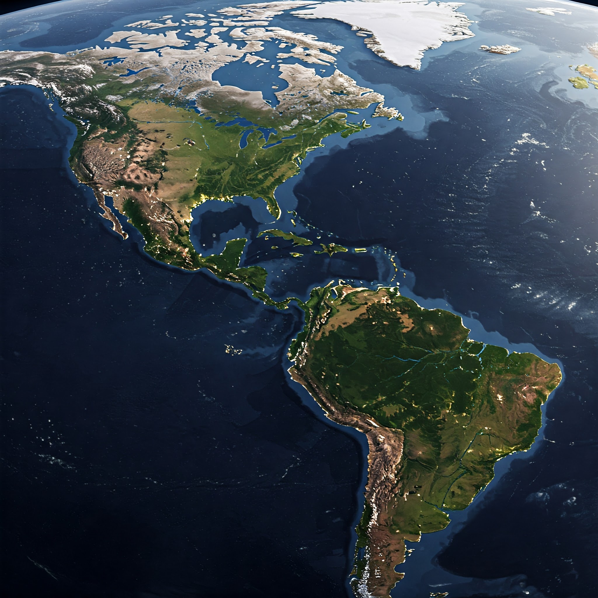 Satellite view of the Americas, showing landmasses, oceans, and some cloud cover.