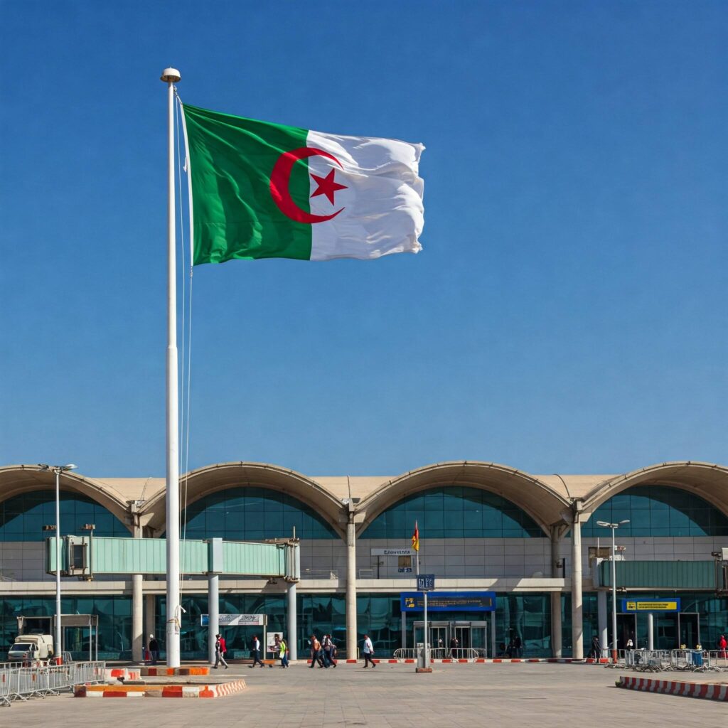 Algerian International Airport with the Algerian flag waving.