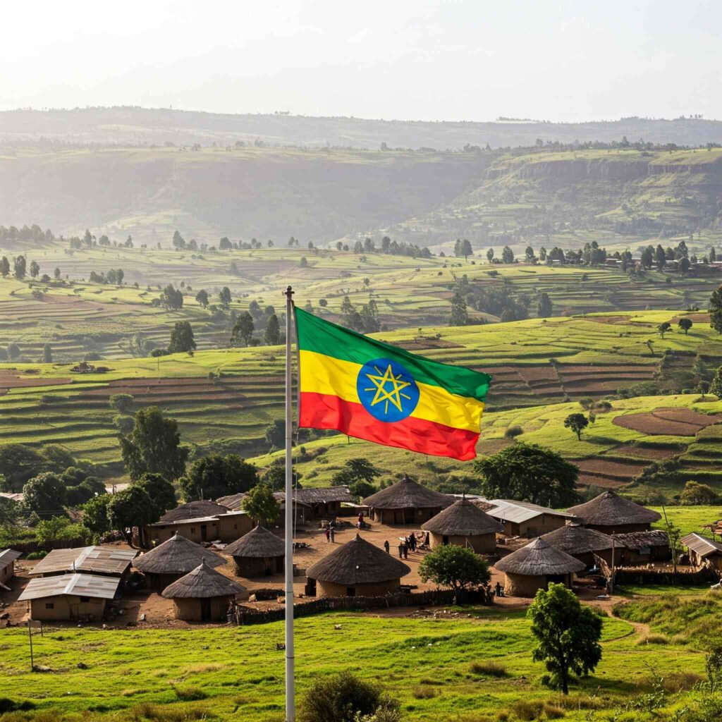 A sweeping image of the Ethiopian highlands, showcasing rolling hills and vibrant greenery under a bright sky. A traditional Ethiopian village with circular huts is visible in the foreground. The Ethiopian flag, with its green, yellow, and red stripes, is prominently displayed.