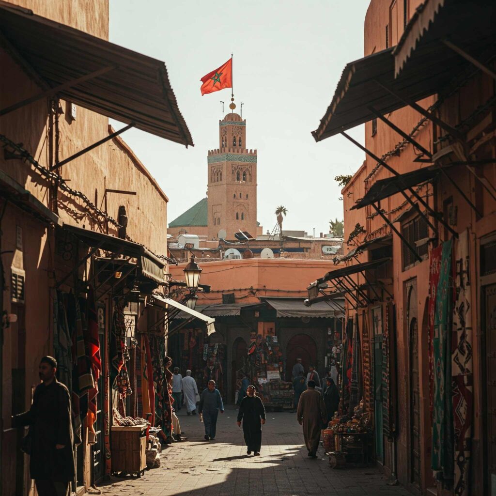 A bustling marketplace scene in Marrakech, Morocco, filled with vibrant colors and textures. The Moroccan flag, red with a green pentagram, is visible atop a minaret. Narrow alleyways are filled with activity, showcasing the rich cultural heritage.