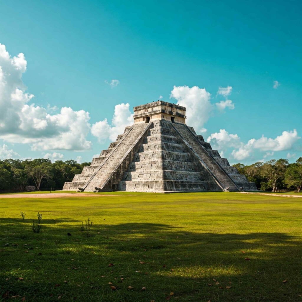 A wide-angle shot captures the Mayan city of Chichen Itza, with its iconic El Castillo pyramid standing tall against the vibrant turquoise sky. Lush green vegetation, a tapestry of emerald and jade, frames the ancient ruins, creating a stunning contrast against the weathered stone.