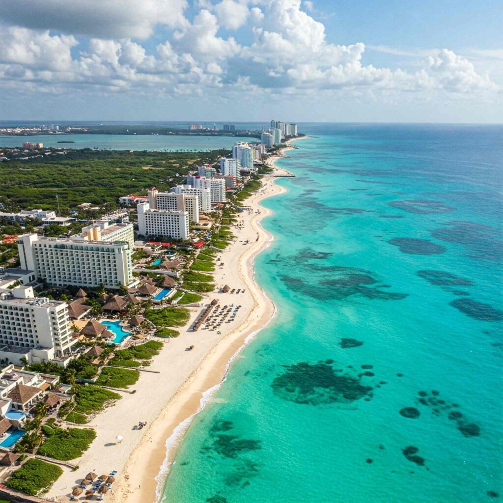 Aerial view of the Hotel Zone in Cancun, Mexico, with beaches and turquoise water.