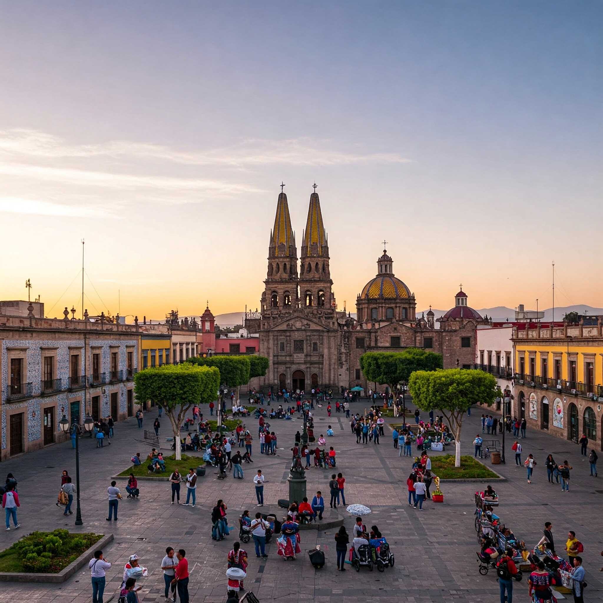 Vibrant architecture and life in Guadalajara's historic center.
