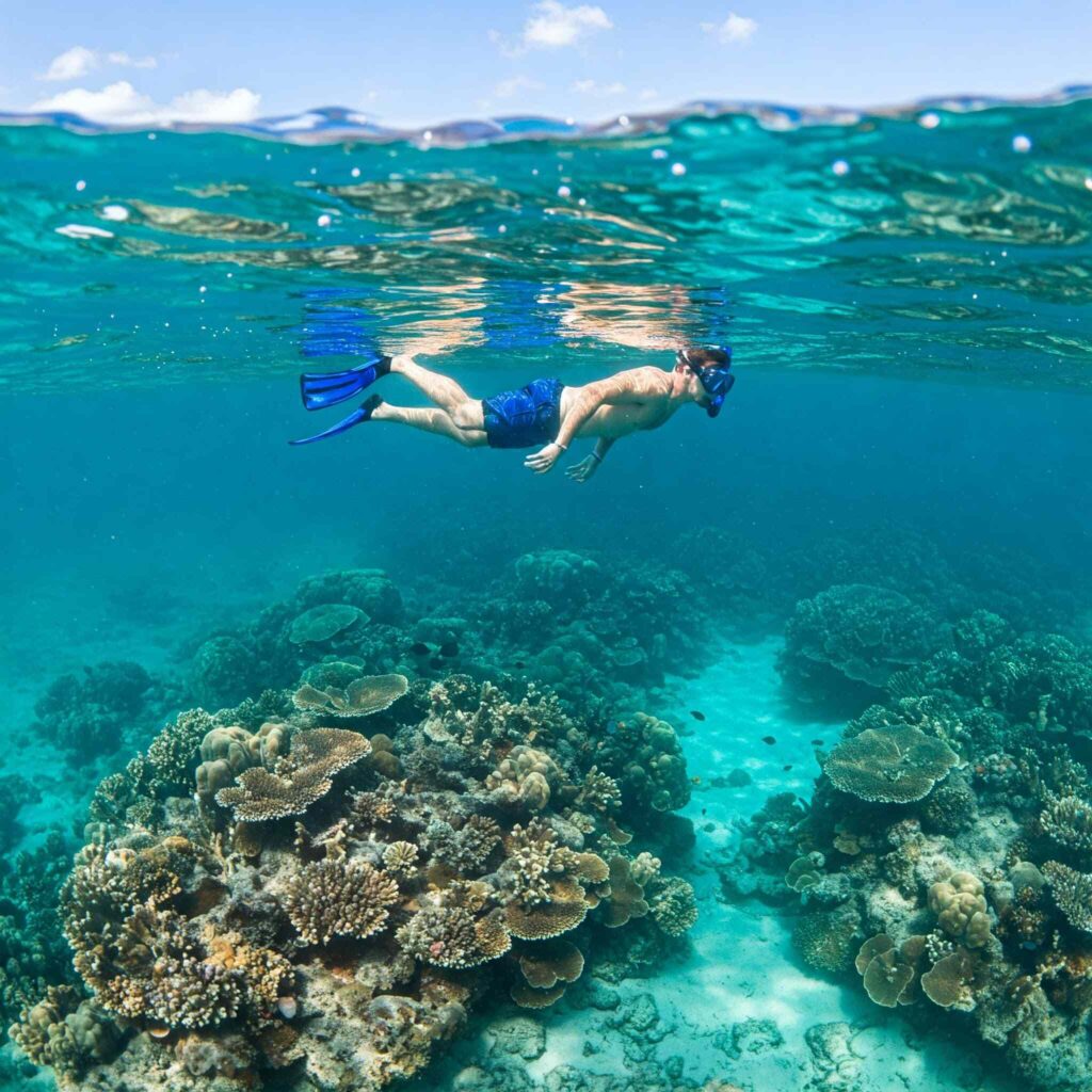 A snorkeling man in Cancun, exploring the vibrant underwater world of the Caribbean Sea.