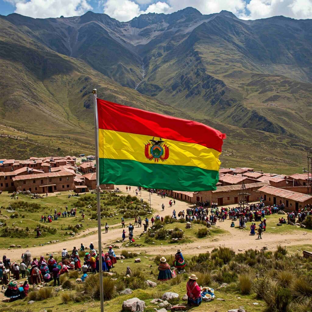 A photo of Bolivia's landscape with the Bolivian flag in the center.