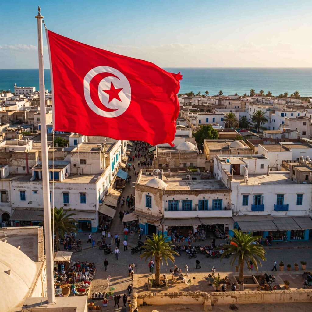 An image of Tunisia, potentially featuring the red crescent and star of its flag. The scene might include a bustling medina with colorful buildings and narrow alleyways.