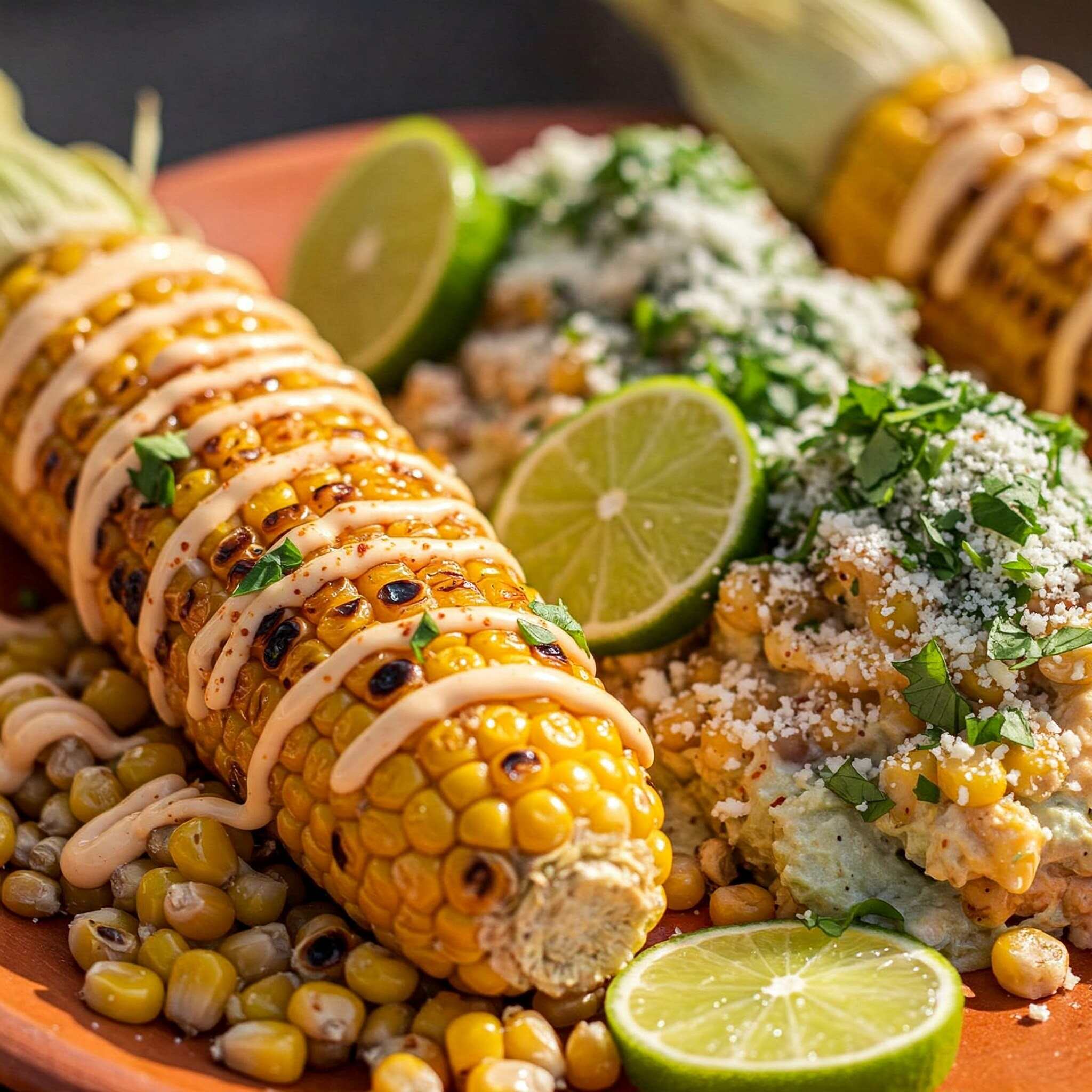 Traditional Mexican street food: corn on the cob and kernels with condiments.