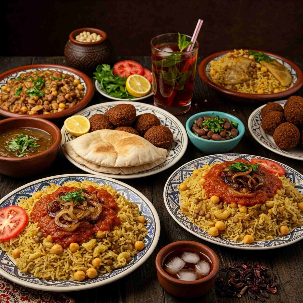 A vibrant spread of traditional Egyptian food, showcasing a variety of dishes with rich colors and textures. Dishes like koshari, ful medames, molokhia, and ta'amiya are displayed.