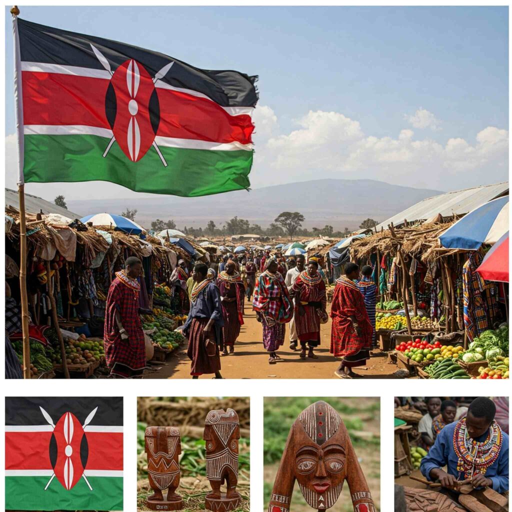 vivid image of a bustling Kenyan marketplace, filled with vibrant colors and energy. The Kenyan flag is proudly displayed, and people in traditional attire are engaged in lively conversations and trades.