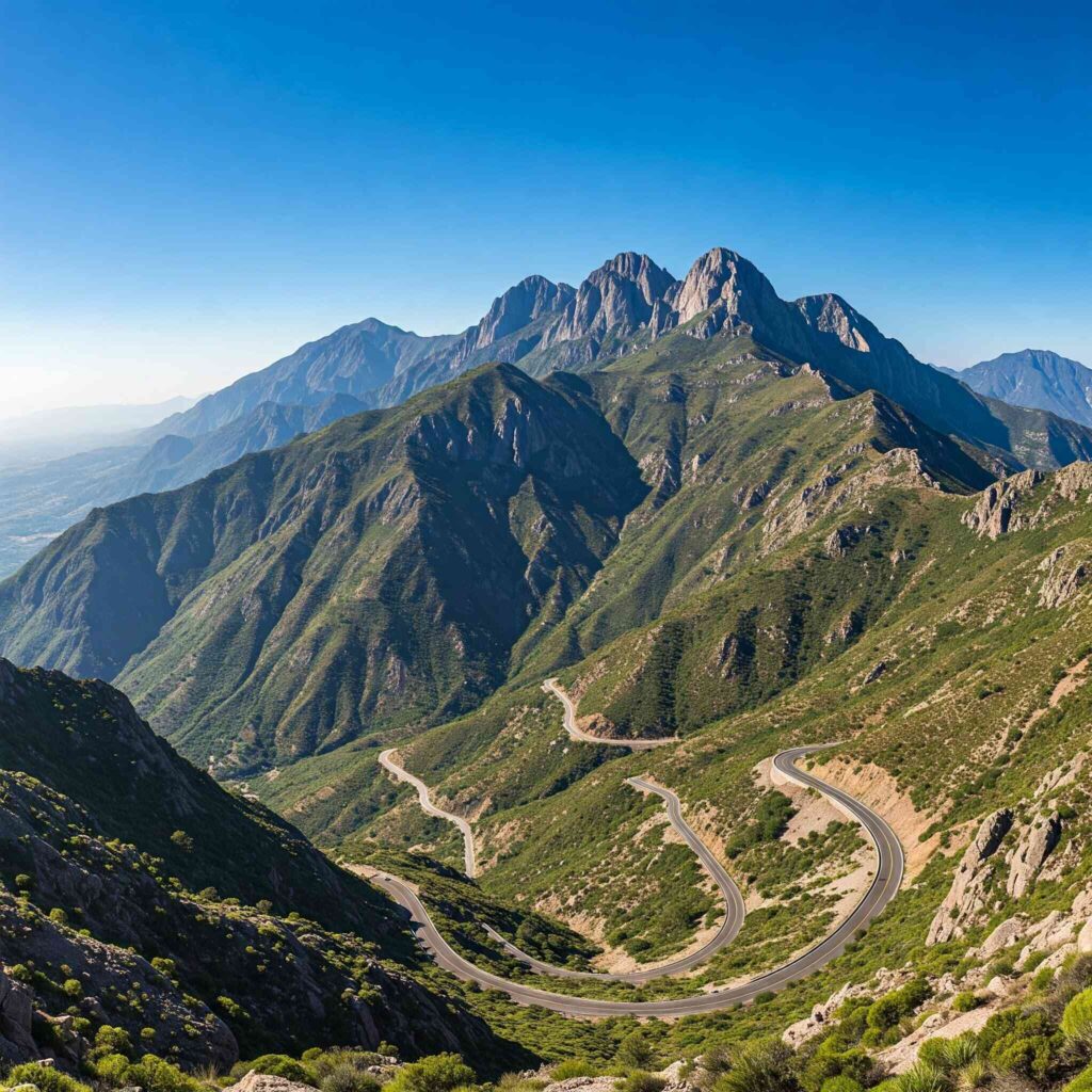 Winding road through a vast, green mountain range under a clear blue sky.