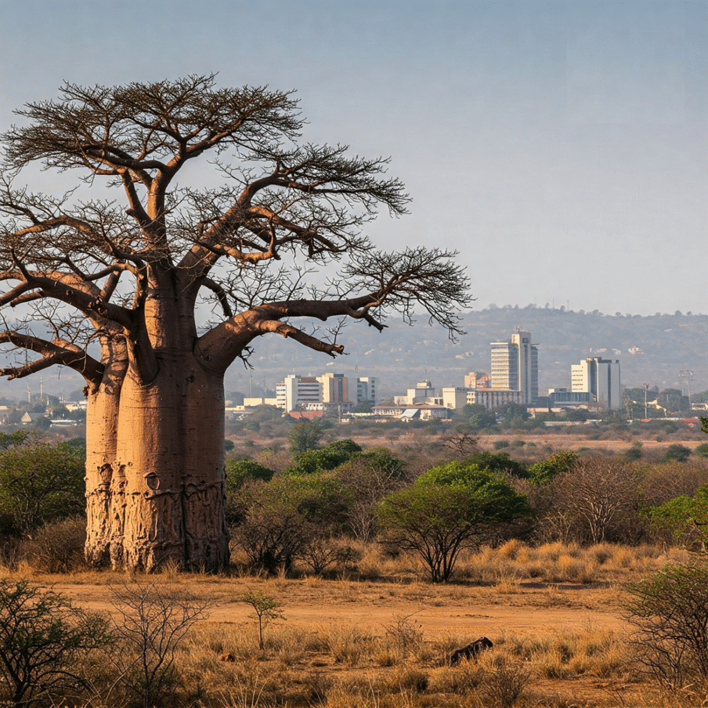 featuring a panorama of the landscape that blends wilderness and urban elements. A majestic baobab tree stands in the foreground, with Lusaka, Zambia's capital, in the background.