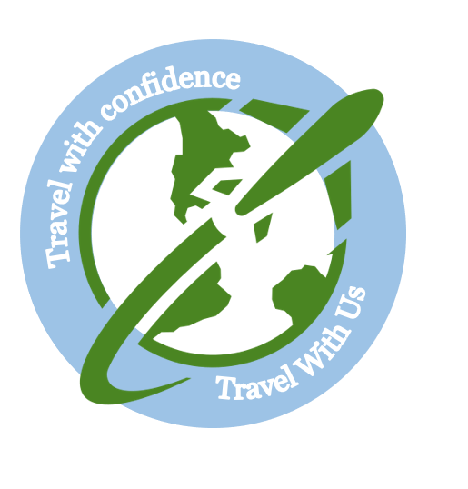 Logo for "Travel with Confidence/Travel with us" featuring a stylized globe with a circling arrow and an airplane. adventure, best places to visit. Americas, Africa, Asia, Europe.