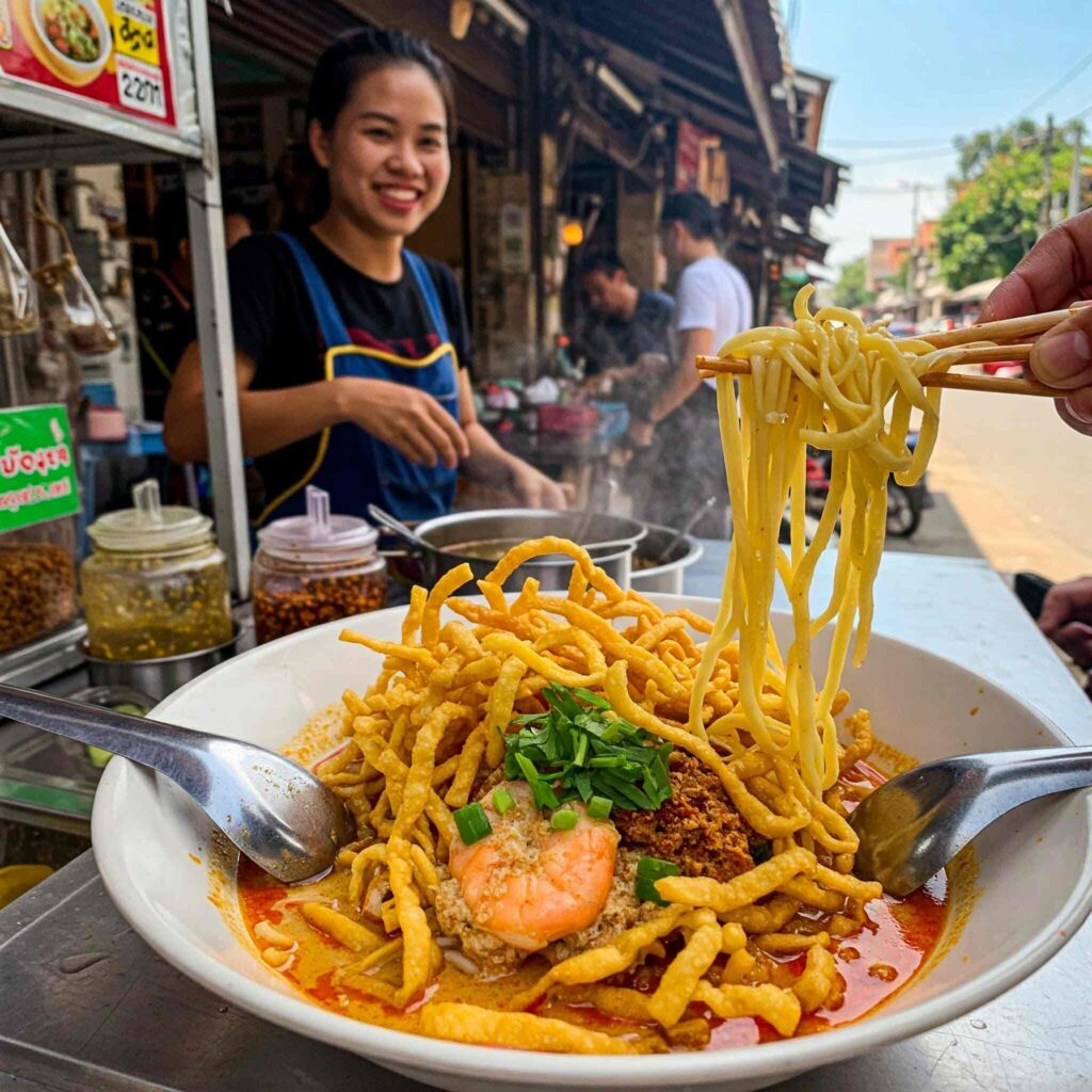 Vibrant street scene in Chiang Mai, Thailand, showcasing a steaming bowl of Khao Soi.