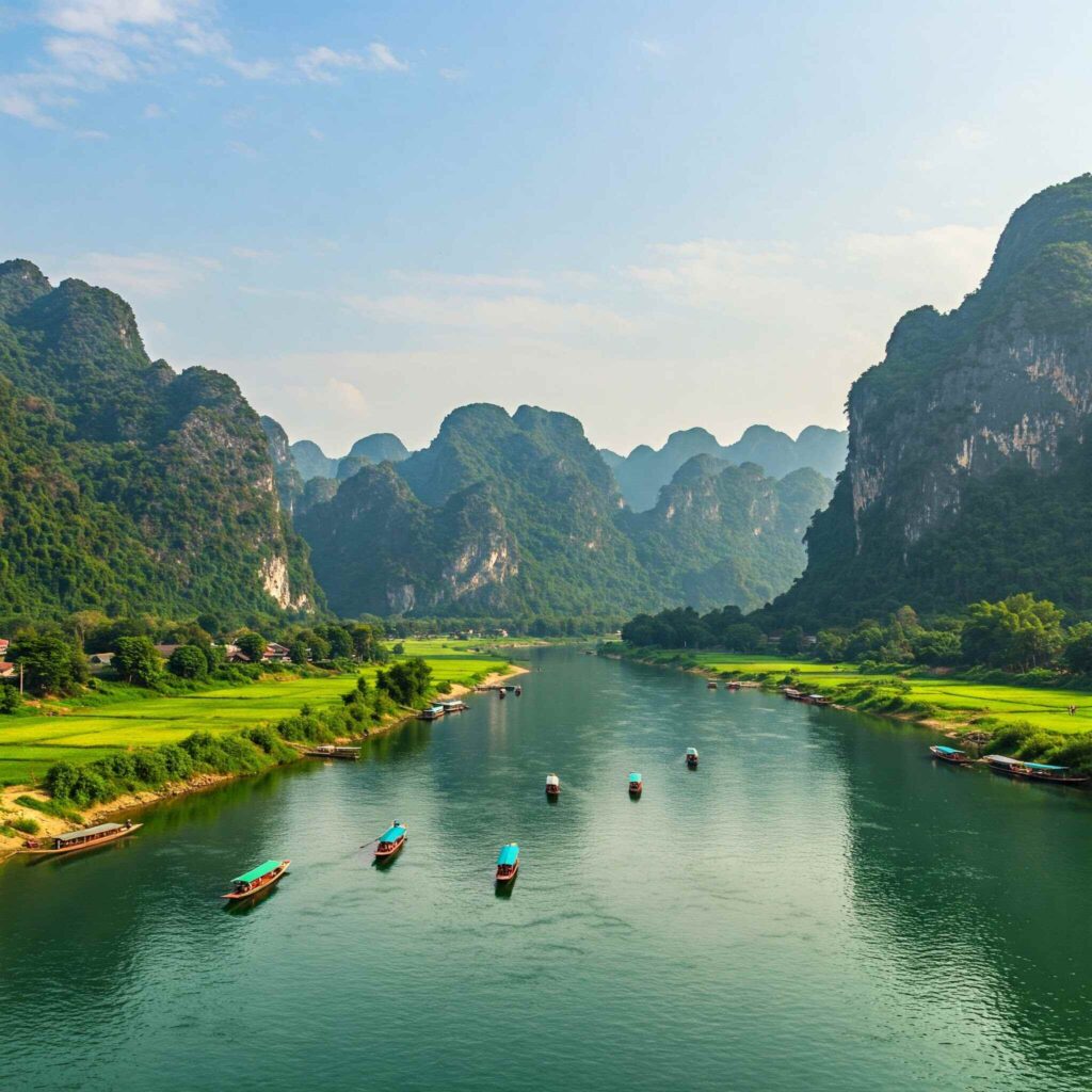 Breathtaking panorama of the Nam Song River in Vang Vieng, Laos.