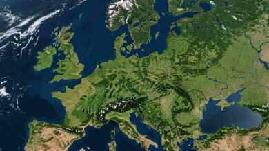 Satellite view of Europe showing landmasses, bodies of water, and cloud cover.