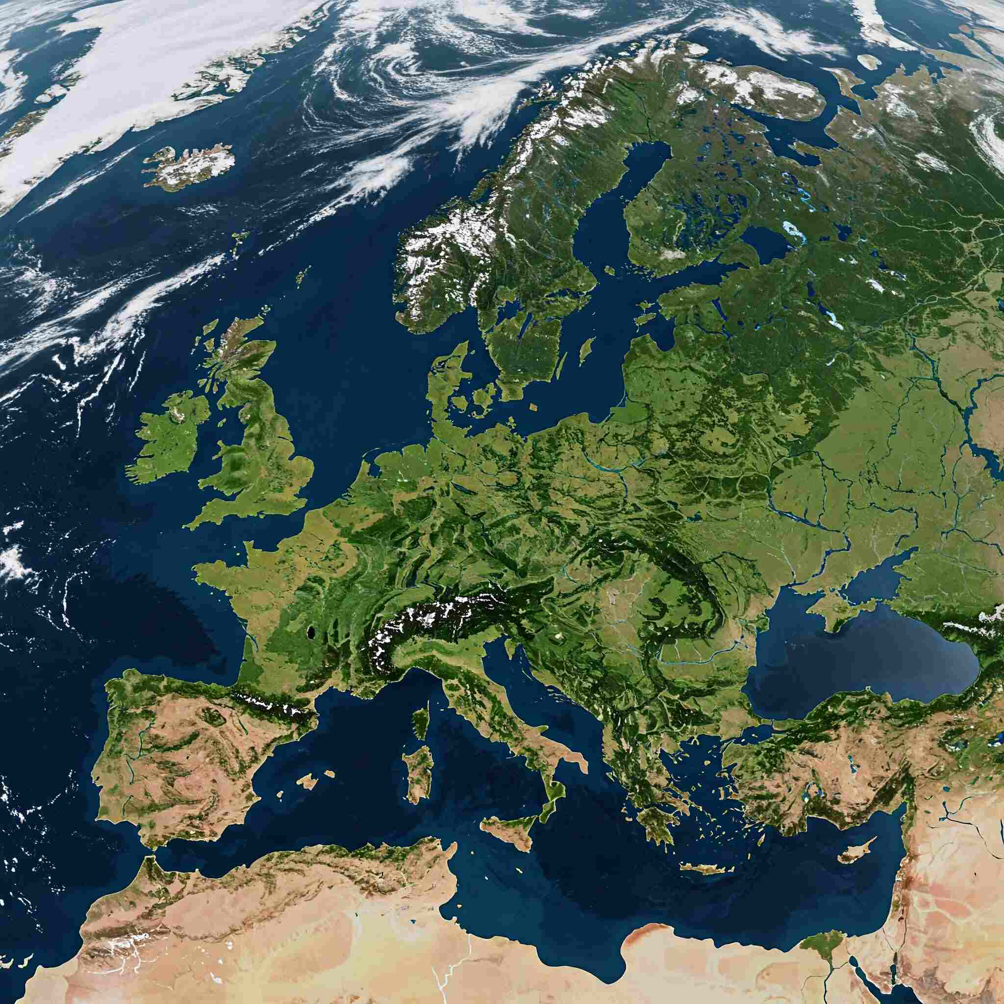 Satellite view of Europe showing landmasses, bodies of water, and cloud cover.