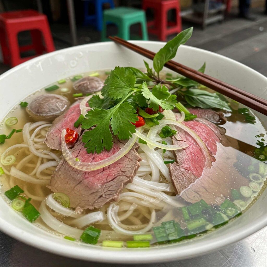 Detailed close-up shot of a steaming bowl of pho noodles.