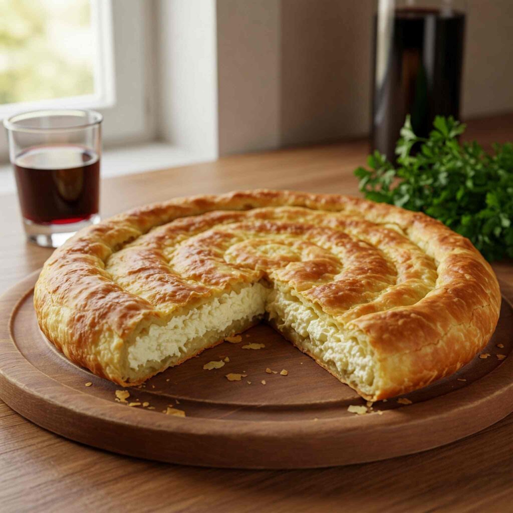 Close-up of Banitsa, a Bulgarian pastry, filled with cheese.
