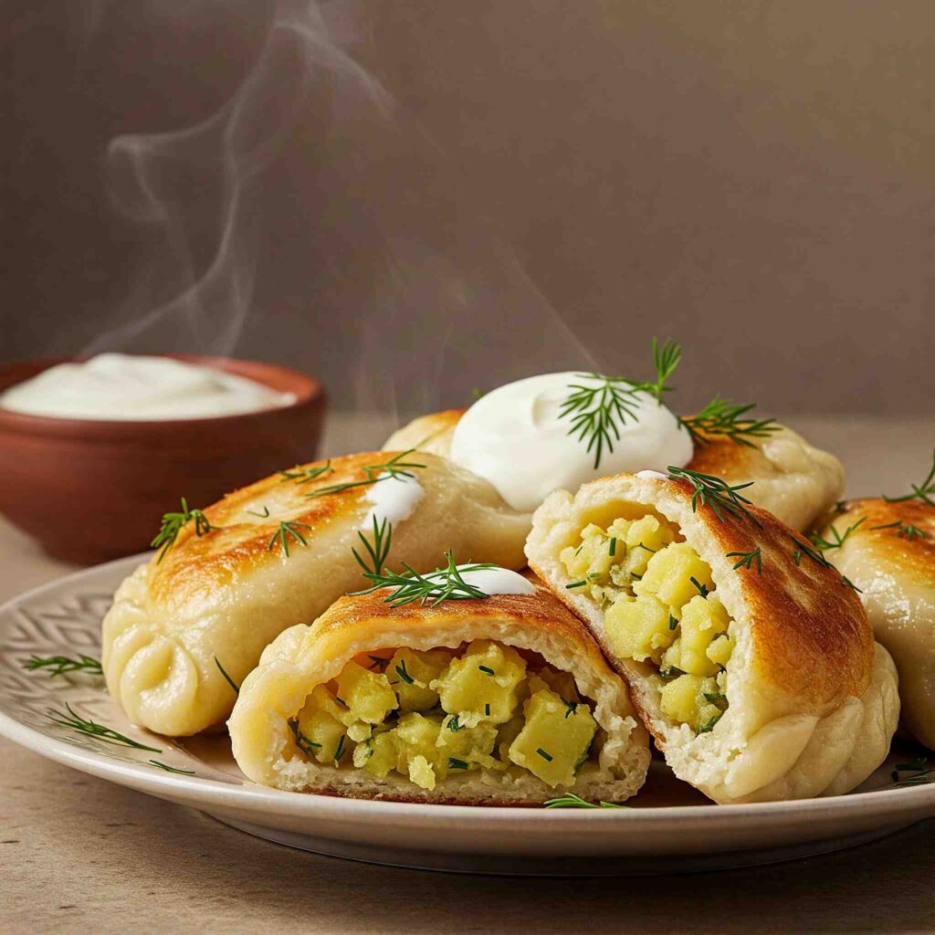 Close-up of Varenyky, a Ukrainian dumpling dish, with various fillings.