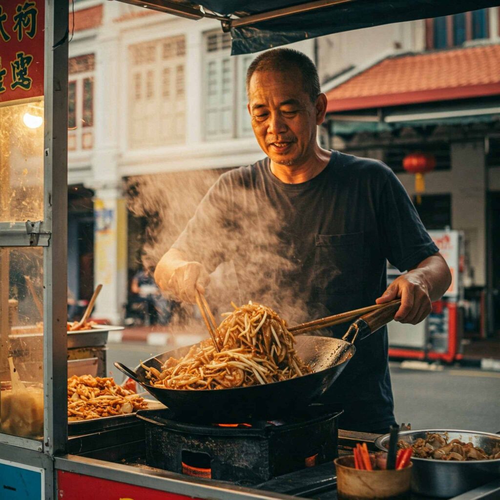 Vibrant street scene in George Town, Penang, Malaysia, showcasing Char Kway Teow.