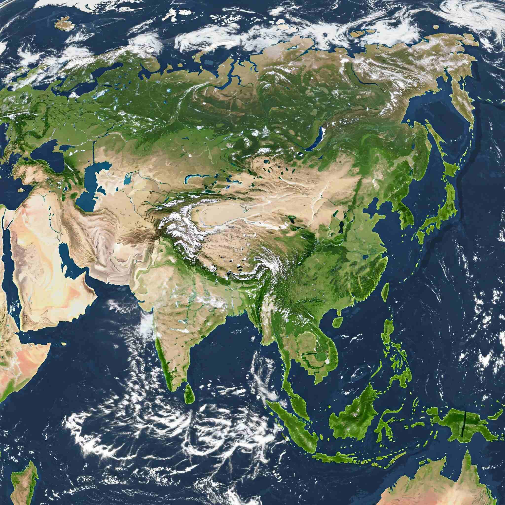 Satellite view of Asia showing landmasses, bodies of water, and cloud cover.