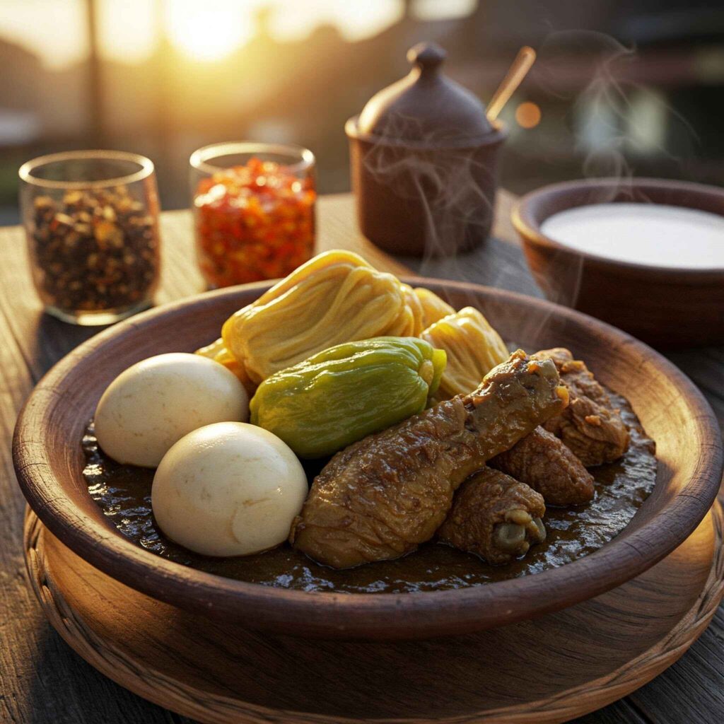 Detailed photograph of a steaming bowl of Gudeg sweet stew. traditional Yogyakarta dish, Asia