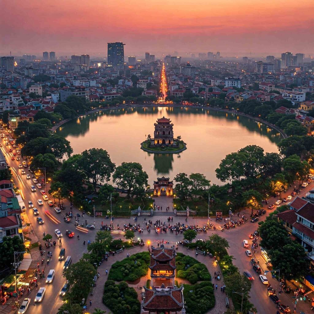 Panoramic view of Hanoi, Vietnam at twilight.